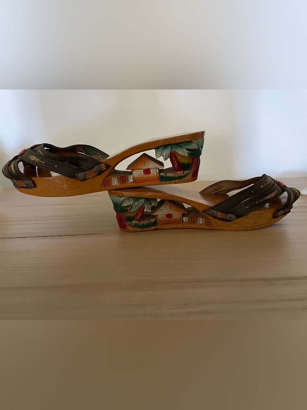 Hand-Carved Wooden Wedge Sandals with Tropical Village Carvings